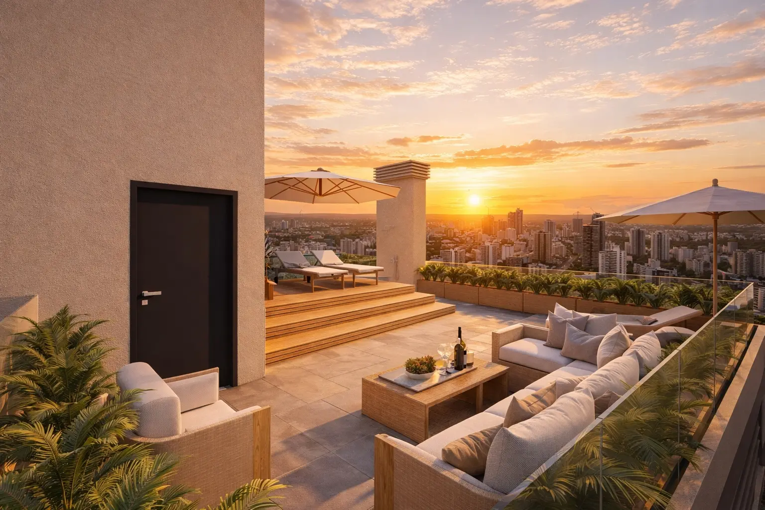 Rooftop do Residencial Belluno ao pôr do sol